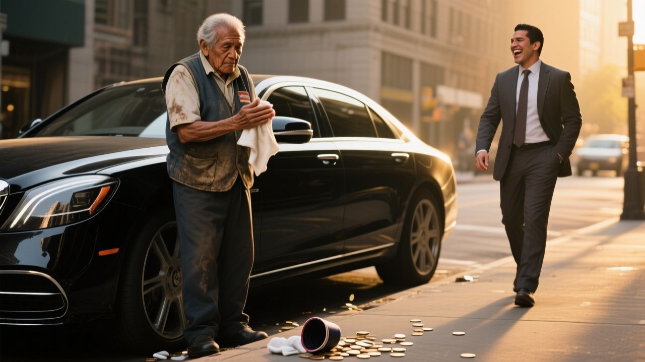 Anciano de gorra y termo sonríe con serenidad tras ser humillado por un millonario en el estacionamiento