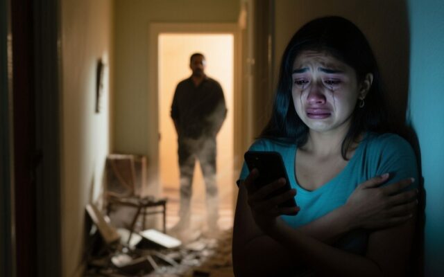 Padre abrazando a su hija tras rescatarla de una agresión, con un teléfono móvil en el suelo mostrando la grabación