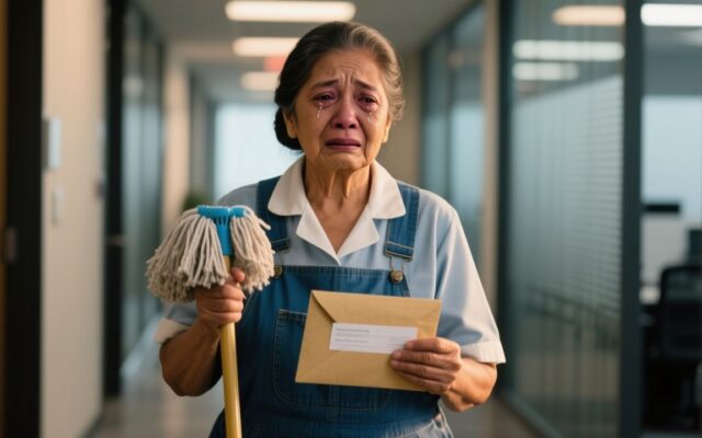 Doña Julia con overol azul sosteniendo su carta de renuncia, lista para enfrentar la injusticia laboral