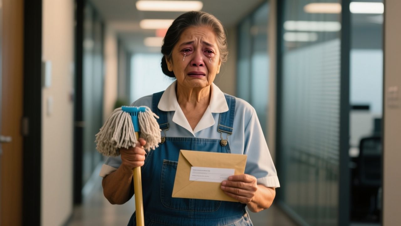Doña Julia con overol azul sosteniendo su carta de renuncia, lista para enfrentar la injusticia laboral