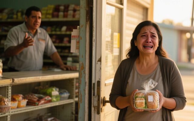 Madre con blusa de flores sosteniendo un lonche envuelto frente a la tienda donde su hijo mintió sobre trabajar